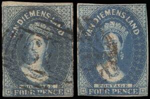 1855 (SG.17,18) 4d Deep Blue & Blue Chalons, Large Star wmk.; fine margined examples (barely touching in places) both showing the prominent RE-ENTRY IN VALUE TABLET. Cat.&pound;230+. (2).