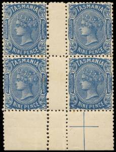 1909 (SG.256c) 9d Blue Sideface on Crown over A paper, interpanneau blk. of (4) perf.12&frac12; with one vertical row perf.12 causing two examples to be the compound variety. Mainly fine; cpl. minor gum tones. Cat. &pound;700+.
