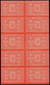 BEER DUTIES: Reprint sheets of 10** in red on surfaced paper of the Beer duty issues produced from the plates held by the Government Printer in the 1950's with One Keg (1/3), One Firkin (2/3), One Kilderkin (4/6), Half Hogshead (6/9), One Barrel (9/-) & O