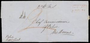 Postal History; 1853 (Mar.8) stampless OHMS entire, to the Chief Commissioner of Police, Melbourne, with red boxed "PAID AT / ALBERTON' at top R, annotated "Police / Gipp's Land at lower L, rated "2" in red and crowned ovals of Alberton and Melbourne on t