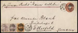 1890 (Dec.9) 1d Victoria postal stationery long envelope (222 x 94mm), Melbourne - &nbsp;Elberfeld Germany, uprated 5d (2d pair & 1d single), endorsed at the top "per German Packet 'Kaiser Wilhelm'", with 2 b/stamps incl. Elberfeld arrival. On an anotated page