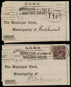 1919 pair of OHMS, "NOTIFICATION&nbsp;of a Case of INFECTIOUS DISEASE" lettersheets addressed to the Municipality of Richmond. The first dated 3rd Feb., stampless with black oval "T 1&frac12;d" and the second dated 7th Feb. and franked 1&frac12;d.