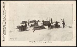Group; New Zealand (SG.A1,A3) 1d rose- carmine o'ptd "King Edward VII / Land" FU and 1d carmine o'ptd "VICTORIA LAND"**, 1901-04 The "Canterbury Times" postcard "Sledge Parties Preparing to Start", used (fault), &nbsp;1937 "The Worst Journey in the World', Aps