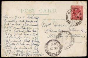 1907 (Sept.4) postcard from Ireland addressed to "Mrs Darling, Christmas Island, Straits Settlements" with double circle "PENANG TO SINGAPORE SE 27 1907" transit cds and "CHRISTMAS ISLAND OC 6 1907" arrival cds.