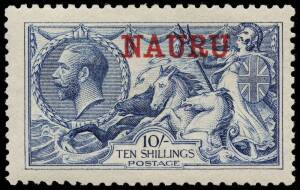 1916-23 (SG.14,21, 22 & 23d) 1d scarlet, o'pt "NAURU" 13.5mm. blk.4**, fine and fresh. 2/6 brown* and 5/- carmine* o'pt "NAURU". Plus 10/- deep bright blue Seahorse o'pt "NAURU", De La Rue printing**. All fine well centred.