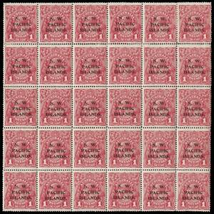 1915-16 (SG.67ba & ca) 1d red forme block of 30, overprinted "N.W. / PACIFIC / ISLANDS.". Fourth setting with the two "Substituted Cliches", "Thin 'G'" , "Dot on 'Y'" all* and "Colour flaw outside R frame"**: BW.71(2)ia,ja,k,l & m, IV/34,35,40,41 & 46. 20