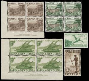 AUSTRALIAN DEPENDENCIES: Stockbook containing NORFOLK ISLAND 1953 3&frac12;d - 5/- set in Imprint blks.4; 1959 Pictorials to 10/- incl. blocks to 5/-, 1962 Fish (7 sets), PNG incl.1952 Pictorials in Imprint blks.4 to 1/-, &pound;1 Fisherman single, 10/- Rabaul & &pound;1 Qu