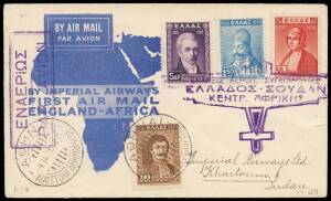 EUROPEAN AEROPHILATELY: Album containing a range of&nbsp;mainly 1930s-40s&nbsp;flown covers, first flight covers&nbsp;and cards from FRANCE, FRENCH COLONIES, GREECE, including Greek despatches for IA flights to Africa, HUNGARY, later GERMANY and AUSTRIA, etc. (100 items