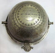 1886 silver metal butter bowl cover on stand engraved "Presented to Mrs J. Dale/by her friend, Mrs W.W. Davis/Kerribree Station/October 1886". Level surveying instrument in leather case, by Esdaile, Sydney. Army web belt with 10 badges.