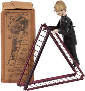 FERNAND MARTIN TIN TOY "LE POMPLER", c1900. The Fireman climbing toy, no.197. Complete with ladder, fireman and box.The finest example of this toy we can find. Considering it's age, it is as close to mint as found. The ladder has some small wear marks, an