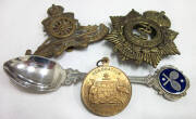 BADGES & MEDALLIONS: Army badges (2) - Australian Army Medical Corps & Royal Artillery; commemorative medallions (7) incl. 1918 Anzac Day, 1919 Peace, 1945 Victory, 1951 50 Years of Commonwealth, 1953 Coronation; also tennis teaspoons (2).