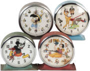 WALT DISNEY: Bayard alarm clocks, made in France, including Mickey Mouse, Pinocchio, Bambi & Snow White. Fair/Good condition.