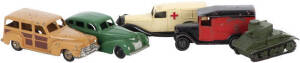 DINKY TOYS: 1950-80s Dinky Toy cars, vans, truck & tank. Fair/Good condition (none boxed).