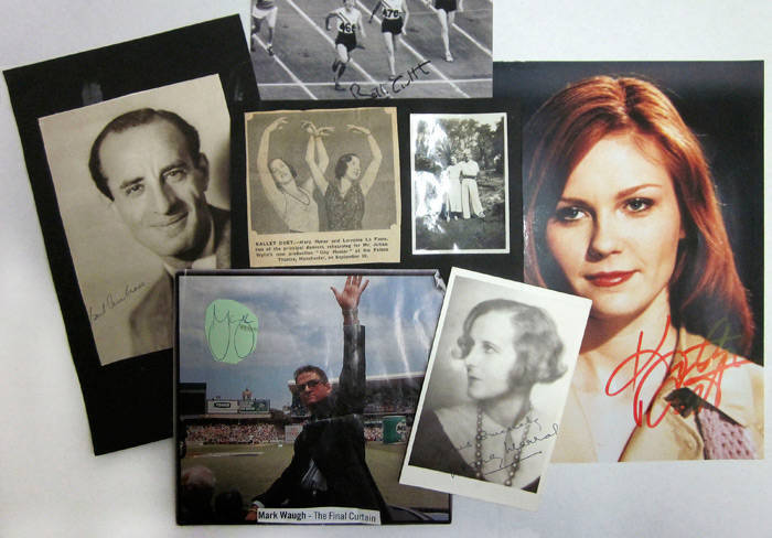 AUTOGRAPHS: Signed photos (18), postcards (10), letters (5), theatre programmes (4) & pieces (6), noted Kirsten Dunst & Paul Bettany, Kirsten Dunst, Betty Cuthbert, Mark Waugh & 1930s British theatre entertainers.