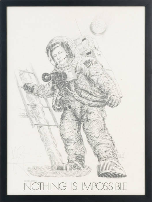 NEIL ARMSTRONG (1930-2012, first person to walk on the moon), pencil signature on print of Armstrong by Bill Schnabel, framed & glazed, overall 46x61cm. (With picture of the vendor with Armstrong during his visit to Australia in Oct.1969).