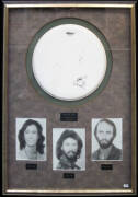 BEE GEES, display comprising drum skin signed by Barry Gibb, Robin Gibb & Maurice Gibb (two signatures faded), window mounted with photographs of the three brothers, framed & glazed, overall 75x103cm. With CoA.