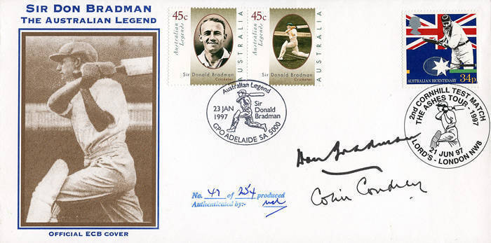 DON BRADMAN & COLIN COWDREY, both signatures on 1997 cover.