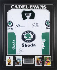 CADEL EVANS, display with signature on "Tour Down Under" cycling jersey, window mounted with 4 photographs of his Tour de France victory, framed & glazed, overall 88x108cm.