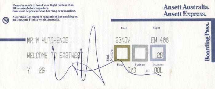 INXS - MICHAEL HUTCHENCE, signature on Ansett Australia boarding pass.