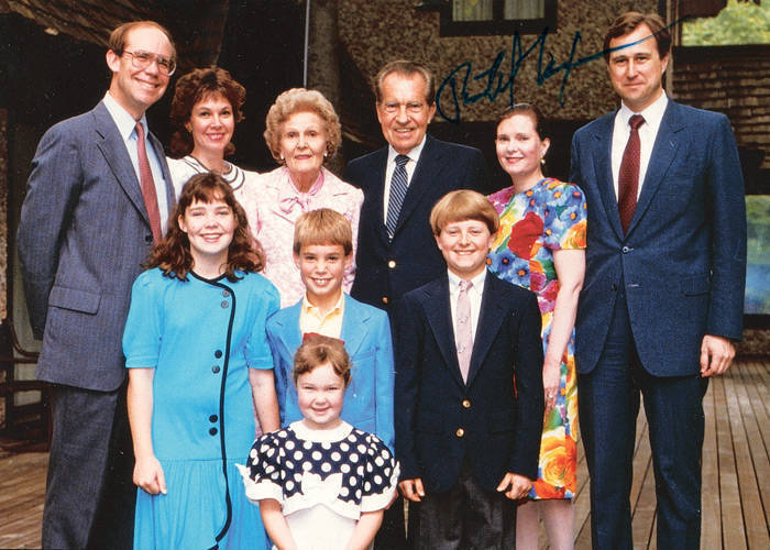 WORLD LEADERS: Richard Nixon (1913-94, 37th President of the U.S. 1969-74), signature on colour postcard of his family; plus Indira Gandhi (1917-84, 3rd Prime Minister of India 1966-77 & 1980-84), signature on letter dated 17th January 1978.
