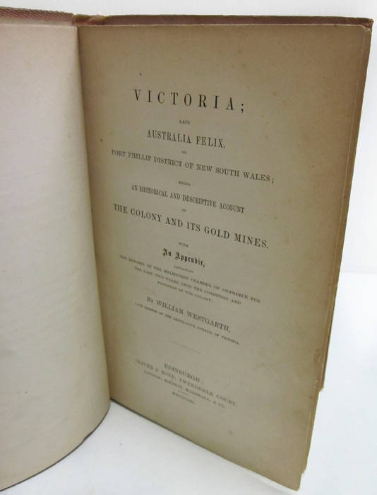 AUSTRALIANA, noted "Victoria; Late Australia Felix" by Westgarth [Edinburgh, 1853] (missing map); "Biographical Conversations on the Most Eminent Voyagers..." by Bingley [London, 1818]; "Australian Dictionary of Dates and Men of the Time" by Heaton [Sydne