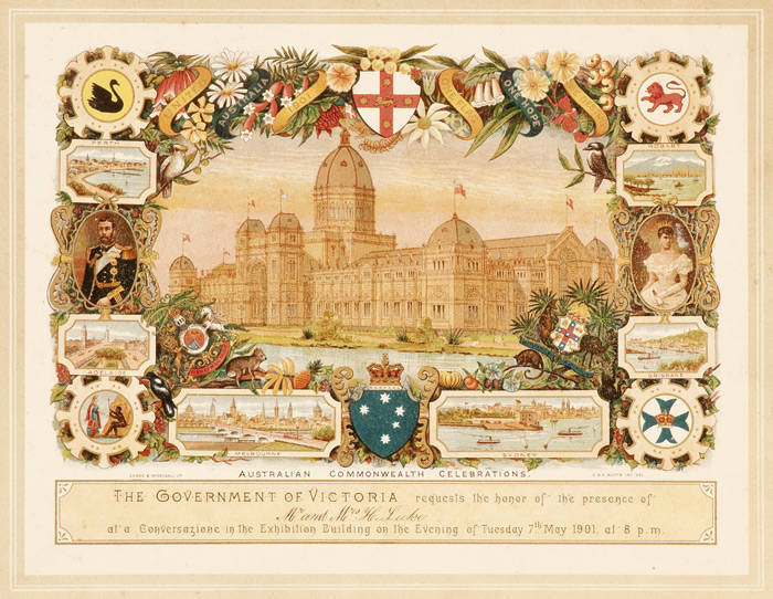 1901 FEDERATION: Red cloth book with gilt title "Commonwealth Celebrations, Melbourne. Souvenir Invitations, May, 1901", containing five Souvenir Invitaions, all filled in for [Mr & Mrs H.Luke]. The souvenir invitations are (A) Opening of the Parliament;