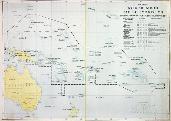 "Map Showing Area of South Pacific Commission", compiled and drawn by Division of National Mapping, Department of National Development [Canberra, 1961], linen-backed (some tone spots and split along central fold), size 144x101cm.