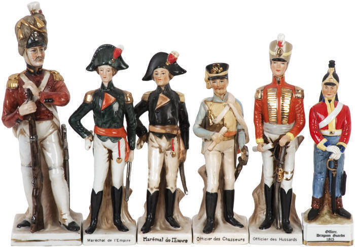 NAPOLEONIC WARS: porcelain soldier ornaments, set of 6 soldiers 21cm tall, excellent condition.