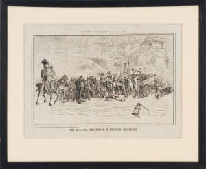 c.1885 Soudan Campaign collection relating to the NSW Contingent. Includes: three colour lithographs, all framed, dealing with the Australian Soudan campaign: THE EMBARKATION OF NSW TROOPS FOR SUAKIM, Artist Charles H Hunt (Australian, 1857-1938), 38.1x51