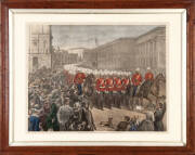 c.1885 Soudan Campaign collection relating to the NSW Contingent. Includes: three colour lithographs, all framed, dealing with the Australian Soudan campaign: THE EMBARKATION OF NSW TROOPS FOR SUAKIM, Artist Charles H Hunt (Australian, 1857-1938), 38.1x51 - 2