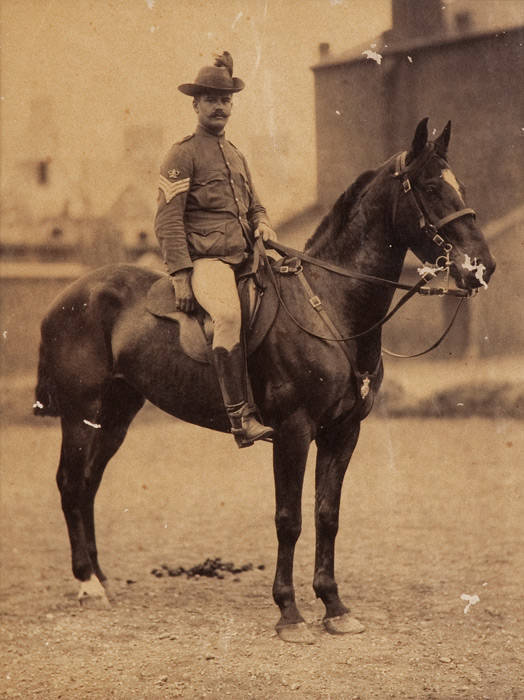 c1890s, Sergeant, New South Wales Calvary, by W.Gregory & Co., albumen paper photograph, captioned with photographer's line in negative lower left to right, laid down on original backing. Minor faults. 28x21cm.