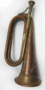 WW1/WW2 INSTRUMENTS: set of 3 brass WW1/WW2 bugles. British marching bugle from the 13th Australian Light Horse engraving with demon emblem; British marching bugle with engraving, "A.I.F. battle honours 1914-1918, Gallipoli Middle East Western Front", wit