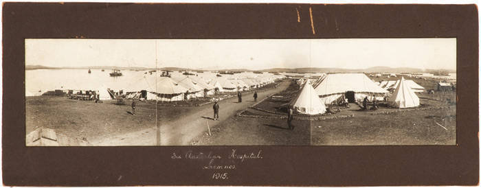 "3RD AUSTRALIAN HOSPITAL LEMNOS" [GREECE], 1915 silver gelatin photograph, 3 panel panorama, titled and dated in ink on mount below image, laid down on original backing, 10.3x41.2cm. The 3rd Australian General Hospital was set up in response to a request