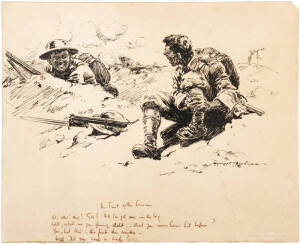 "THE FIRST OF THE SEASON", artist Harry Rountree (NZ/British, 1878-1951) 1916 original artwork in ink and brush, signed and dated lower right, captioned lower centre, 22.5x39.1cm. Caption continues "O! Ow! Ow! Gee! Bill, I've got one in the leg. Well, wha