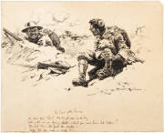 "THE FIRST OF THE SEASON", artist Harry Rountree (NZ/British, 1878-1951) 1916 original artwork in ink and brush, signed and dated lower right, captioned lower centre, 22.5x39.1cm. Caption continues "O! Ow! Ow! Gee! Bill, I've got one in the leg. Well, wha