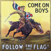 "COME ON BOYS, FOLLOW THE FLAG!", artist James Northfield (Australian, 1888-1973), colour lithographic poster in 6 sheets. Published by Troedel & Cooper, Melbourne. Issued by the Recruiting Committee of Victoria. Illustrated in Hetherington, James Northfi