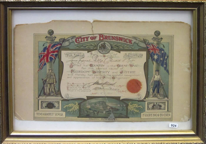 WW1 CERTIFICATES: set of framed Australian military service certificates (50cmx30cm) that read, "Served the Empire and Australia in The Great War for the sacred cause of freedom liberty and justice and thereby has the grateful recognition and appreciation