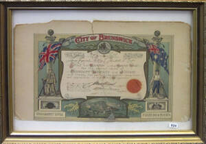 WW1 CERTIFICATES: set of framed Australian military service certificates (50cmx30cm) that read, "Served the Empire and Australia in The Great War for the sacred cause of freedom liberty and justice and thereby has the grateful recognition and appreciation