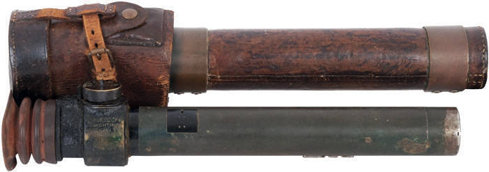 WW1 OPTICAL EQUIPMENT: Telescope sighting No.24B MKVI with markings that read Taylor Hobson 1911. Includes original brown leather case with fastening straps, excellent condition