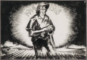 [The Digger] "1914-1918" by Ambrose Dyson (Australian, 1908-1952), original artwork in ink and wash, initialled "D" upper right, publishing annotations in pencil in lower margin. 19x27.5cm. Annotation includes "SALT [Aust. air force and army journal]."