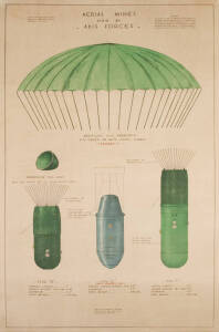 "AERIAL MINES USED BY AXIS FORCES", colour process lithographic poster issued by the Department of Homes Security in collaboration with the Department of the Navy, backed on linen. Condition: B. 101x61cm. Text continues "The mines illustrated in this shee