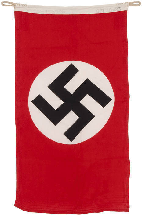 WW2 FLAGS: set of original imperial WW2 flags. German Third Reich Swastika flag, manufactured markings, "N.V.P.F.v VLISSINGEN & CO SKATGENFABR", below is marked, "HELMOND (HOLLAND)". To the right is stencilled, " G.FL.50x85", excellent condition (50x85cm)