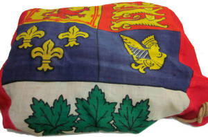 WW2 FLAGS: set of original WW2 flags. Large WW2 Canadian red ensign linen flag with coat of arms shield, flown by the Canadian military from 1922-1957. Good condition (182x305cm); WW2 British military blue ensign linen flag, manufactured by S.Walder Pty. 