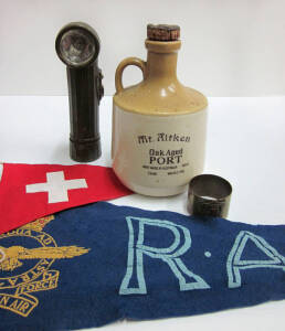 WW2 MISCELLANEOUS: assorted Second World War items in an unique "Farra Bros" footlocker. Included are small flags, pins, banners, photos, patches and further alike items, good condition (100+ items)