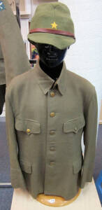 WW2 CLOTHING: c1940 Japanese military hat and long sleeve shirt fitted on manikin. Sewn on front of the hat is the authentic Japanese golden star, below is the original light brown leather strap, excellent condition.