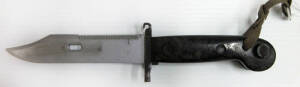 COLD WAR EDGED WEAPON: c1965-1985 pair of Type I and Type II East German Kalishnikov AKM assault rifle 33cm bayonets with black steel scabbard, adapted from the class Russian AK-47 bayonet. Good condition