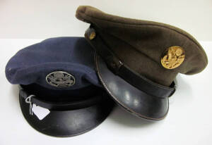 VIETNAM CLOTHING: set of 2 authentic U.S. military officer dress visors. Navy blue USAF officers visor, size 7 100% wool with metal eagle badge; khaki U.S. army visor with golden eagle badge and black leather strap below. Excellent condition