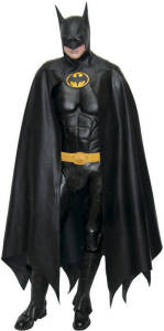 BATMAN: lifesize Batman created by artist Paul Sullivan. Featuring a latex Batman cowl / hood with DC COMICS 1992 written on reverse, covering a black mannequin are body armour, yellow belt, boots, gloves and trademark cape. Approx 190cm x 90cm.