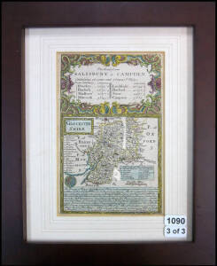 ENGRAVINGS & MAP: c1857 engraving by S.T.Gill "Market Square, Castlemaine"; 1880 engraving "London from the Tower of Saint Saviour's"; 1736 map "Glocestershire"; all hand-coloured, framed & glazed, various sizes.