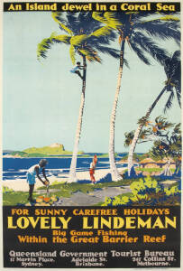 "W.B. LOVELY LINDEMAN. AN ISLAND JEWEL IN A CORAL SEA", c.1930s colour lithographic travel poster, initialled "WB" in image lower right, backed on linen. Condition: A-. 100x62.5cm. Text continues "For sunny carefree holidays lovely Lindeman. Big game fish